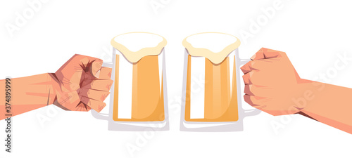 human hands clicking beer mugs Octoberfest party celebration festival concept flat horizontal vector illustration