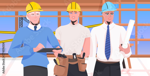 builders team at construction site engineers in helmets discussing during meeting repair service concept unfinished building interior horizontal vector illustration