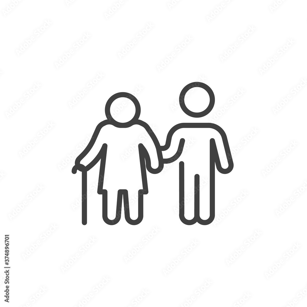 Disabled person and volunteer line icon. linear style sign for mobile concept and web design. Volunteer man caring for elderly woman outline vector icon. Symbol, logo illustration. Vector graphics Disabled person and volunteer line icon. linear style sign for mobile concept and web design. Volunteer man caring for elderly woman outline vector icon. Symbol, logo illustration. Vector graphics