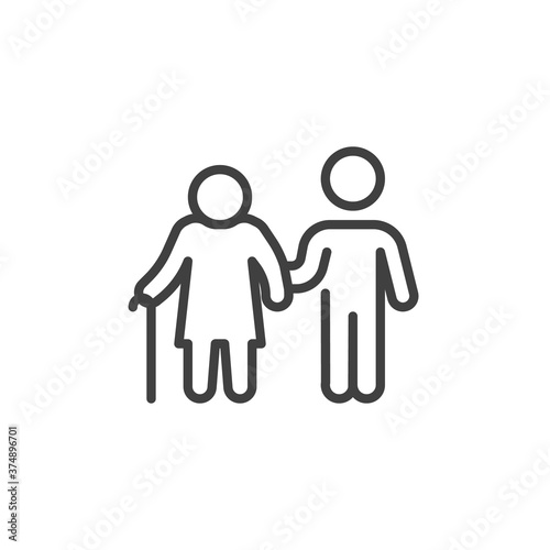 Disabled person and volunteer line icon. linear style sign for mobile concept and web design. Volunteer man caring for elderly woman outline vector icon. Symbol, logo illustration. Vector graphics
