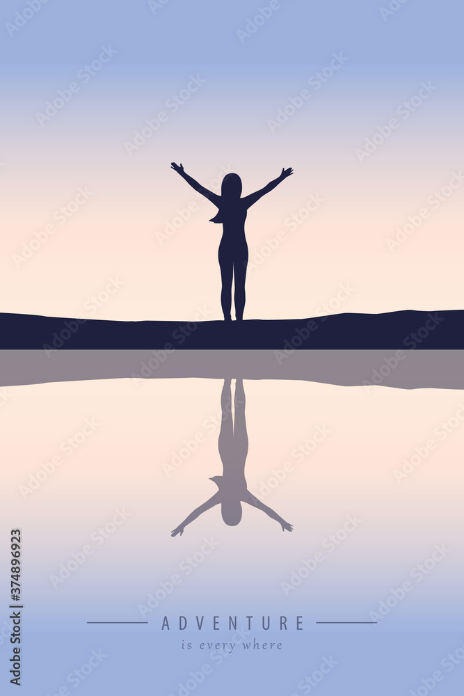lonely girl by the lake at sunset vector illustration EPS10