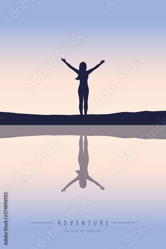 lonely girl by the lake at sunset vector illustration EPS10