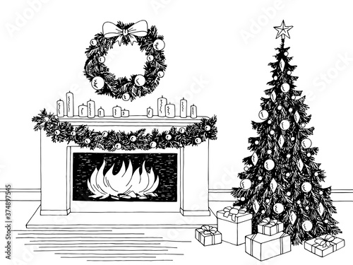 Living room graphic Christmas tree fireplace black white interior sketch illustration vector