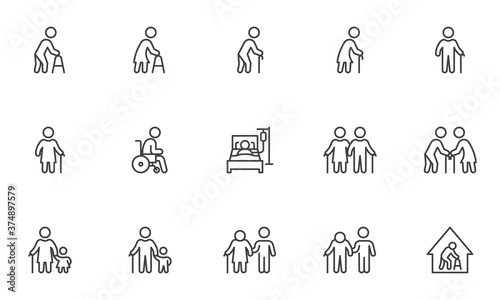 Elderly people line icons set. linear style symbols collection, outline signs pack. Old persons vector graphics. Set includes icons as handicapped man, senior woman with walking stick, disabled care