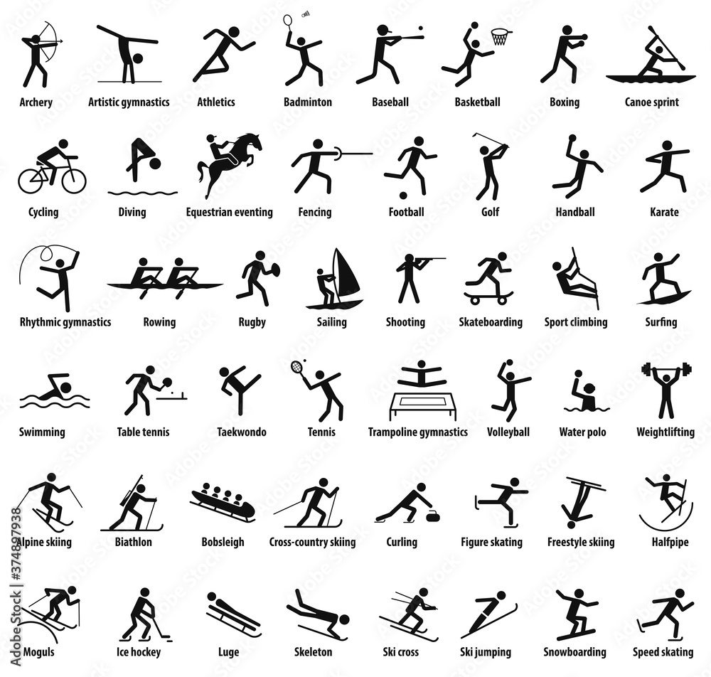 Naklejka premium Sports icons. Vector isolated black pictograms with the names of sports disciplines