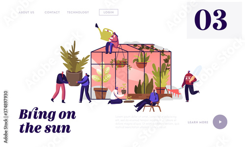 Gardening or Floristic Hobby Landing Page Template. Characters Working in Winter Garden Planting Flowers in Greenhouse