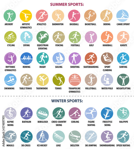 Summer and winter sports icons. Vector isolated pictograms on bright colorful round backgrounds with the names of sports disciplines