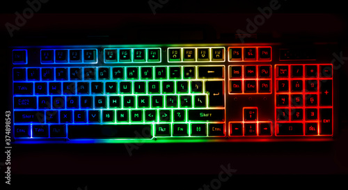 Gaming keyboard with LED RGB backlight. Realistic computer keyboard.