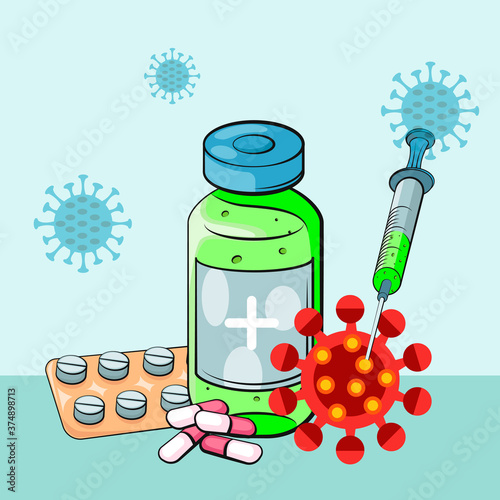 Coronavirus vaccination. Vaccine. Ampoule, Syringe with vaccine. Vector illustration. Flat cartoon. Banner. 