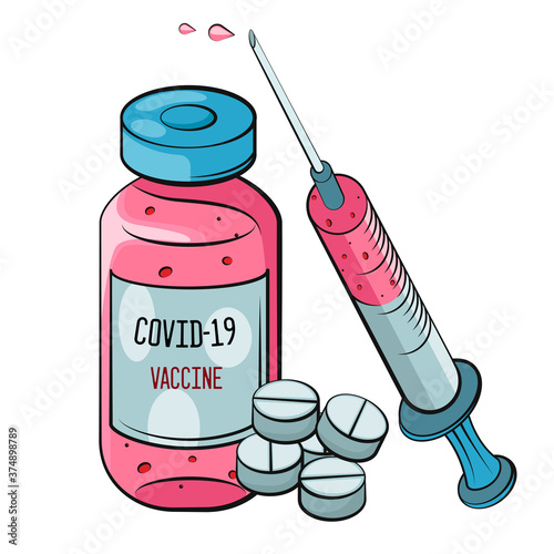Coronavirus vaccination concept. Vaccine. Ampule, Syringe with vaccine. Vector illustration. Flat cartoon. Banner. 