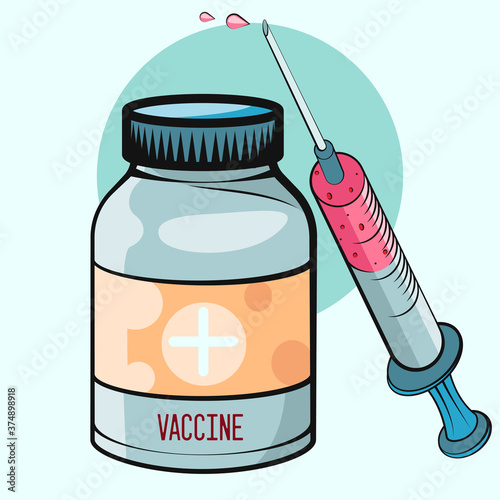 Vaccination concept. Vaccine. Ampoule, Syringe with vaccine. Vector illustration. Flat cartoon. 
