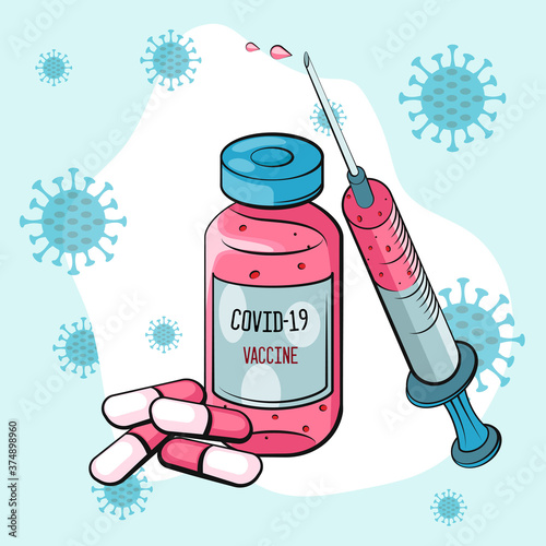 Coronavirus vaccination concept. Vaccine. Ampule, Syringe with vaccine. Vector illustration. Flat cartoon. Banner. 