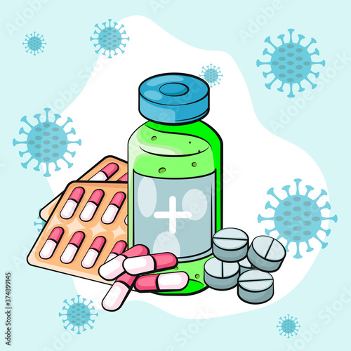 Vaccination concept. Vaccine. Ampoule, Syringe with vaccine. Vector illustration. Flat cartoon. 