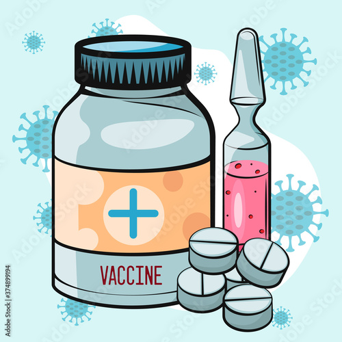Vaccination concept. Vaccine. Ampoule, Syringe with vaccine. Vector illustration. Flat cartoon. 