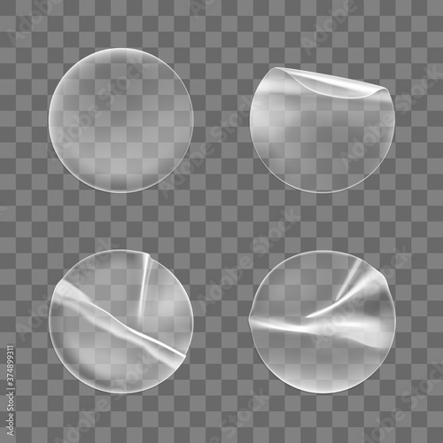 Transparent round adhesive stickers mock up set isolated on transparent background. Plastic crumpled round sticky label with glued effect. Template of a label or price tags. 3d realistic vector mockup