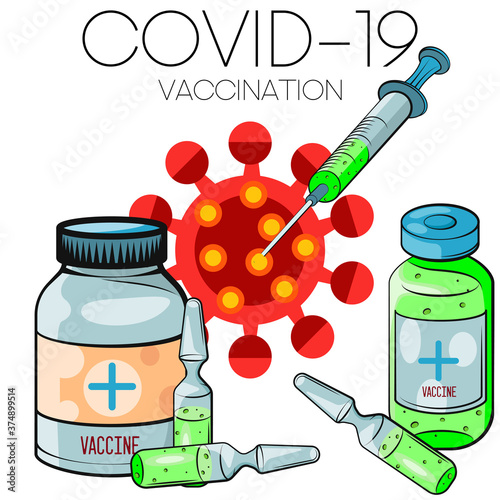 Coronavirus vaccination concept. Vaccine. Ampule, Syringe with vaccine. Vector illustration. Flat cartoon. Banner. 