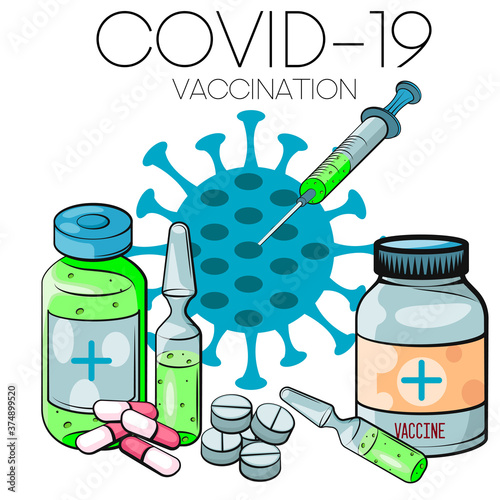 Coronavirus vaccination concept. Vaccine. Ampule, Syringe with vaccine. Vector illustration. Flat cartoon. Banner. 