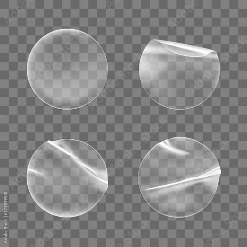 Transparent round adhesive stickers mock up set isolated on transparent background. Plastic crumpled round sticky label with glued effect. Template of a label or price tags. 3d realistic vector mockup