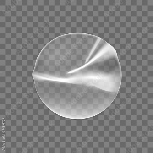 Transparent round adhesive stickers mock up isolated on transparent background. Plastic crumpled round sticky label with glued effect. Template of a label or price tags. 3d realistic vector mockup
