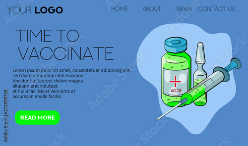 Time to vaccinate. Landing page template. Flat cartoon concept for web design. Vector illustration. Ampoule, Syringe with vaccine. 