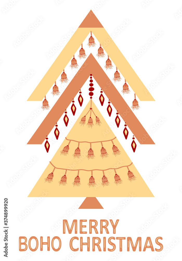 Geometric christmas tree with ethnic ornaments in bohemian style isolated on white background. Winter holidays rustic decor. Modern vector illustration for cards, home decor and print design.