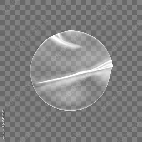 Transparent round adhesive stickers mock up isolated on transparent background. Plastic crumpled round sticky label with glued effect. Template of a label or price tags. 3d realistic vector mockup