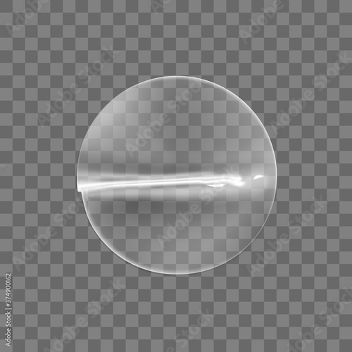 Transparent round adhesive stickers mock up isolated on transparent background. Plastic crumpled round sticky label with glued effect. Template of a label or price tags. 3d realistic vector mockup