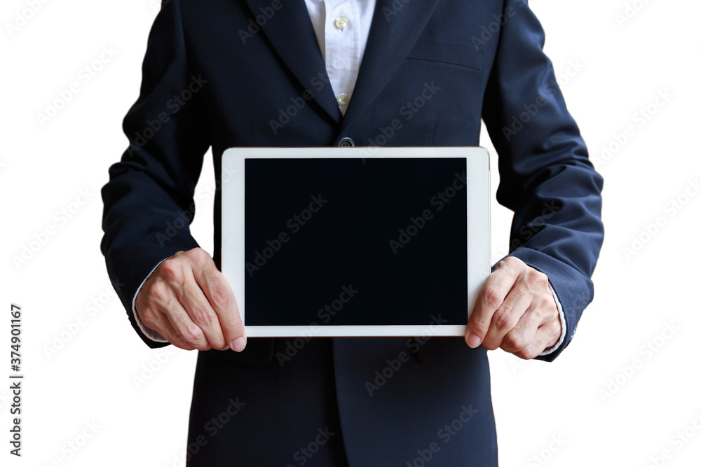 Isolated of business man holding digital tablet computer sign in hand with clipping path Isolated of business man holding digital tablet computer sign in hand with clipping path