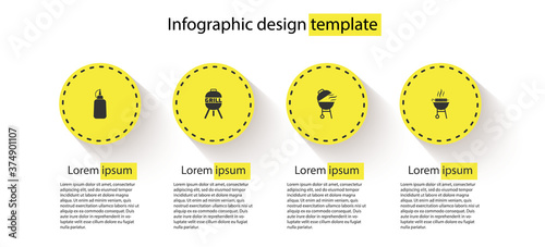 Set Mustard bottle, Barbecue grill, and grilled shish kebab. Business infographic template. Vector.