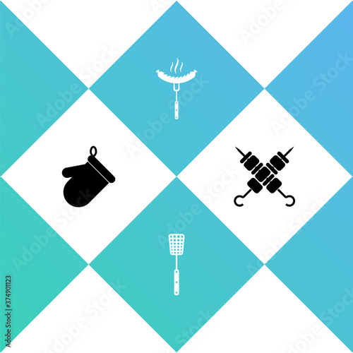 Set Oven glove, Barbecue spatula, Sausage on the fork and Grilled shish kebab icon. Vector.