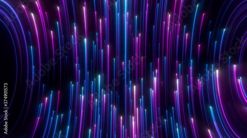 Futuristic abstract colorful background in bright neon blue and violet colors. Retro colorful wallpaper. Seamless loop animation. 3d rendering.