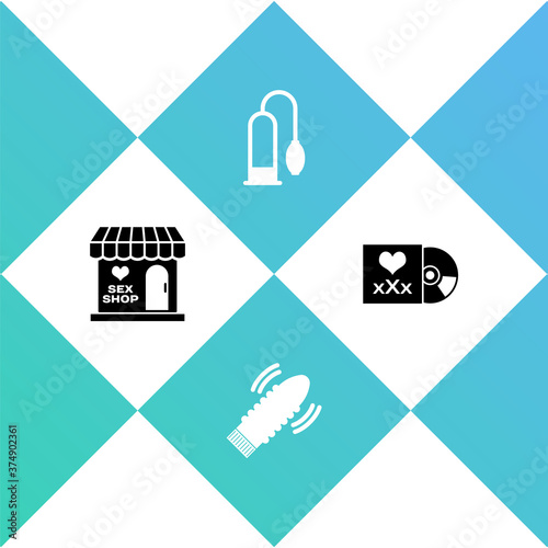 Set Sex shop building, Dildo vibrator for sex games, Penis pump and Disc with inscription icon. Vector.