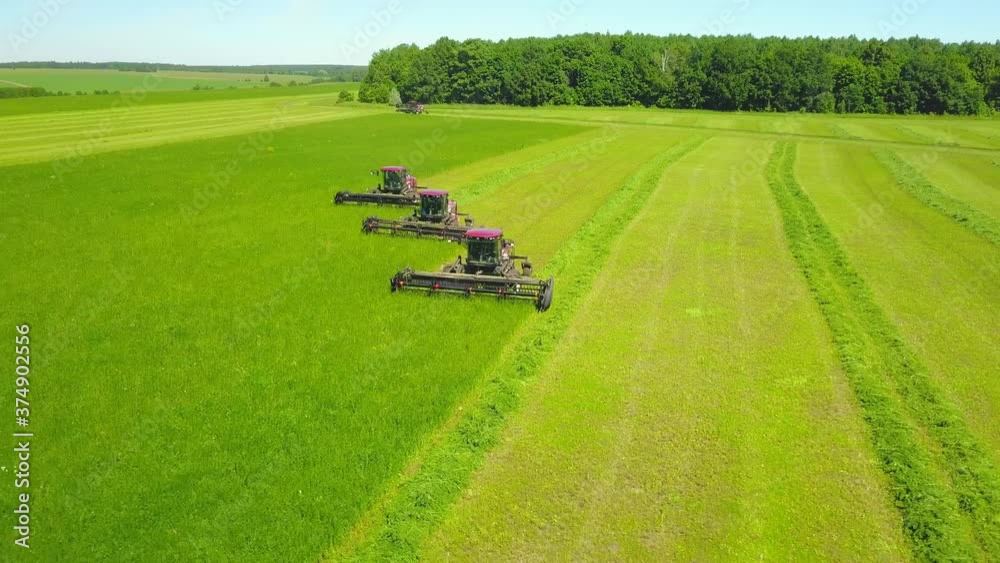 Three harvester combine working on the field. Aerial view Three harvester combine working on the field. Aerial view