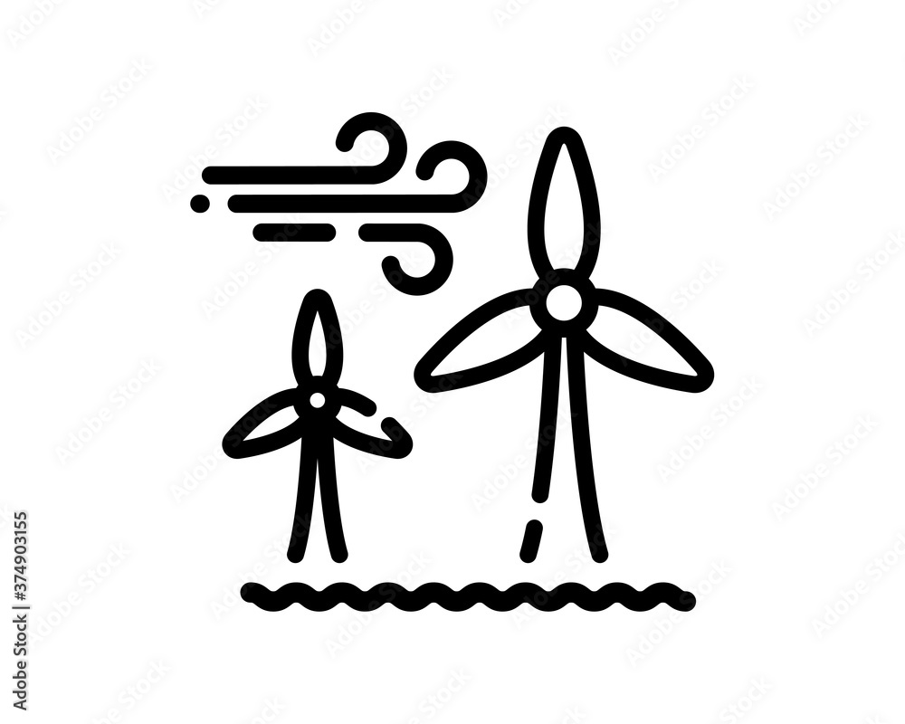 Offshore wind turbines line icon. Wind farm energy sign. Green electricity. Vector on isolated white background. EPS 10 Offshore wind turbines line icon. Wind farm energy sign. Green electricity. Vector on isolated white background. EPS 10