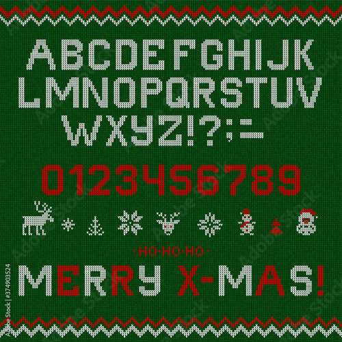 Folk Christmas Font Scandinavian style knitted letters alphabet seamless pattern