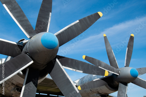 Propellers of transportation plane or bomber plane or aircraft.