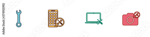 Set Wrench, Mobile Apps service, Laptop and Photo camera icon. Vector.