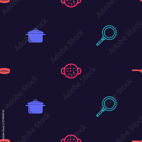 Set Frying pan, Cooking pot, soup and on seamless pattern. Vector.