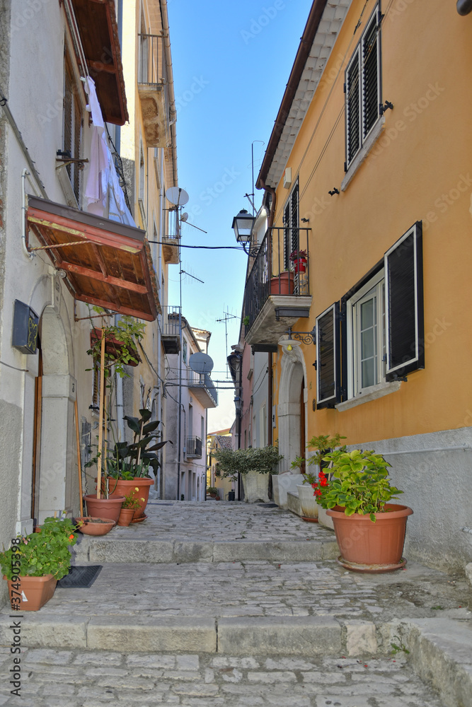Obraz premium A narrow street among the old houses of Sepino, a medieval village in the Molise region.