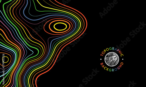 1970s retro background. Seventies graphic design poster. 80s vintage style vector wallpaper abstract art cover. Futuristic line 60s curl shape with rainbow curve elements. Topographic map concept.