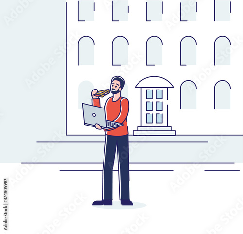 Man eating on the go holding and typing on laptop. Busy businessman hurrying to office