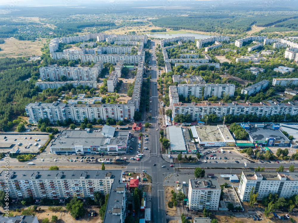 Busy streets of ukrainian small city from drone