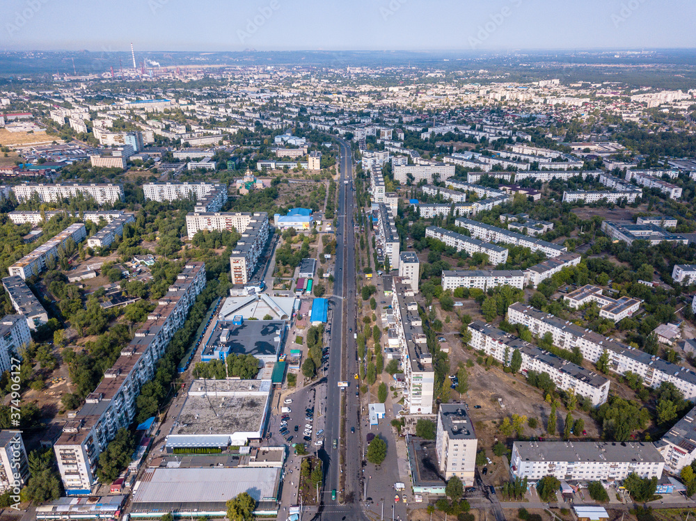 Aerial view of busy streets of ukrainian small city