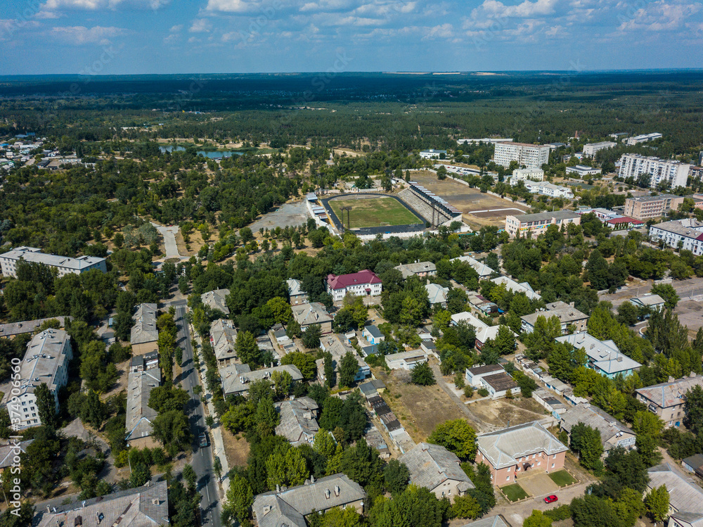 Panorama scenic aerial green suburban area in Ukraine