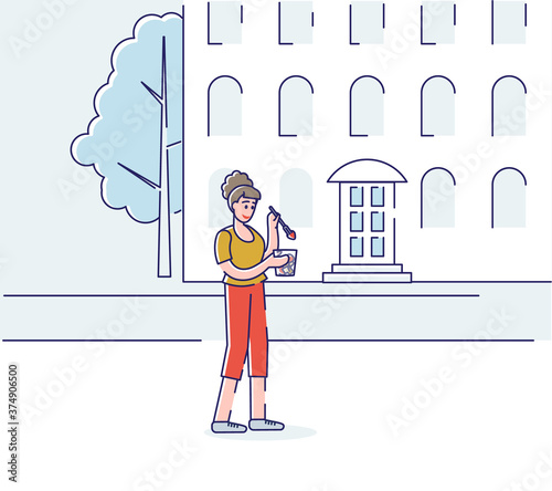 Young woman eating on the go. Cartoon female has breakfast moving to job or classes