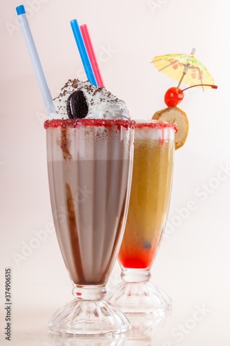 Fruit drink and chocolate milkshake