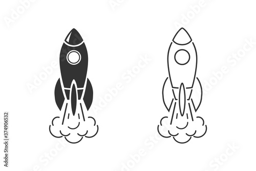 Monochrome vector illustration of rocket line icon isolated white background