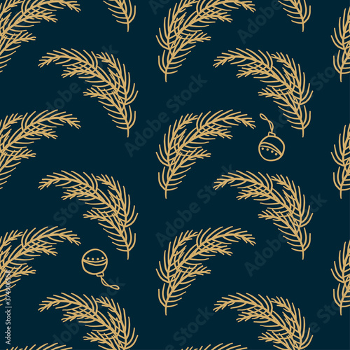 Fir twigs flat vector seamless pattern. Spruce branches. Winter season holiday symbols texture. Traditional xmas attributes decorative backdrop. 