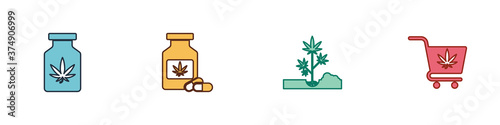 Set Medical bottle with marijuana, , Planting and Shopping cart icon. Vector.