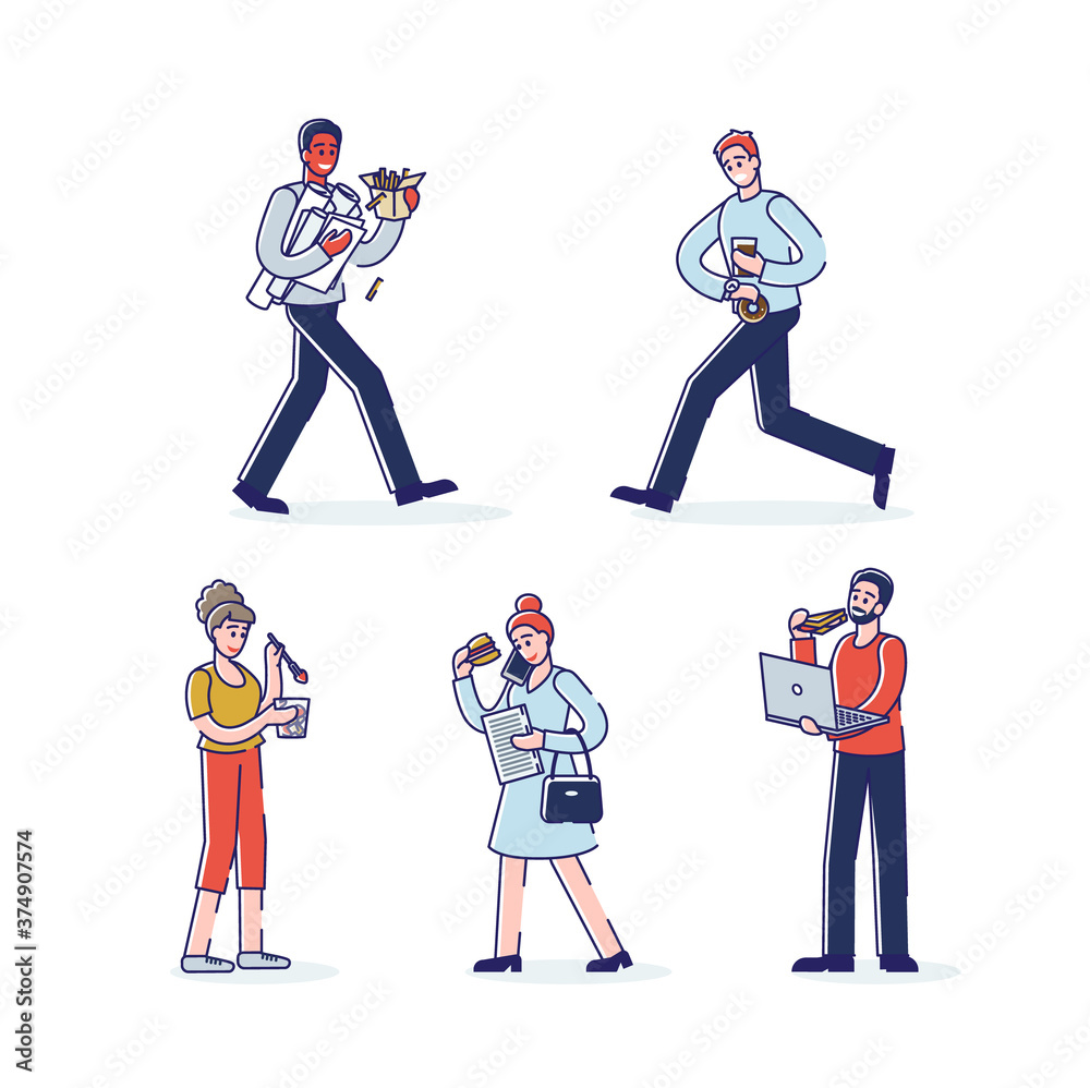 Obraz premium Set of cartoon characters eating. Isolated people eat snack while going